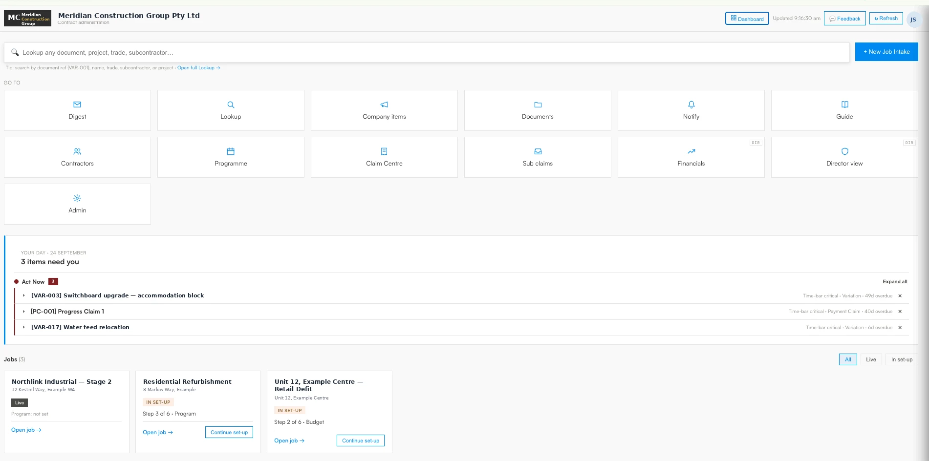 ACCA contract administration dashboard — live jobs, time-bar critical variations and payment claims needing action, document registers and director view