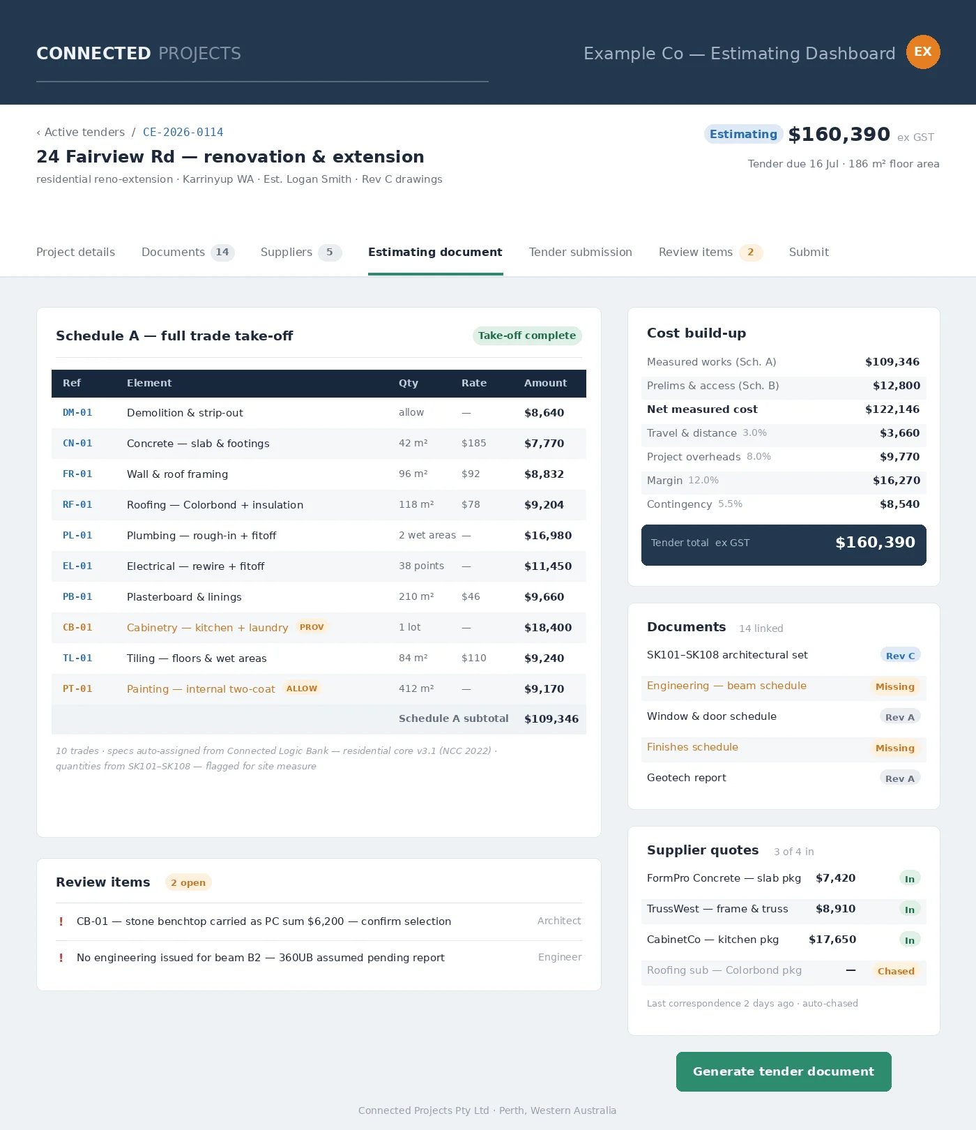 Connected Estimator tender record — multi-trade take-off, cost build-up, linked documents and review items in one screen