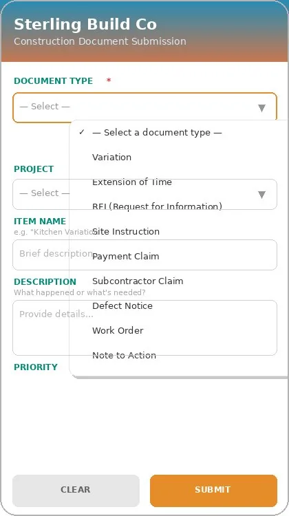 ACCA mobile app — construction document submission with variation, EOT, RFI, payment claim and more