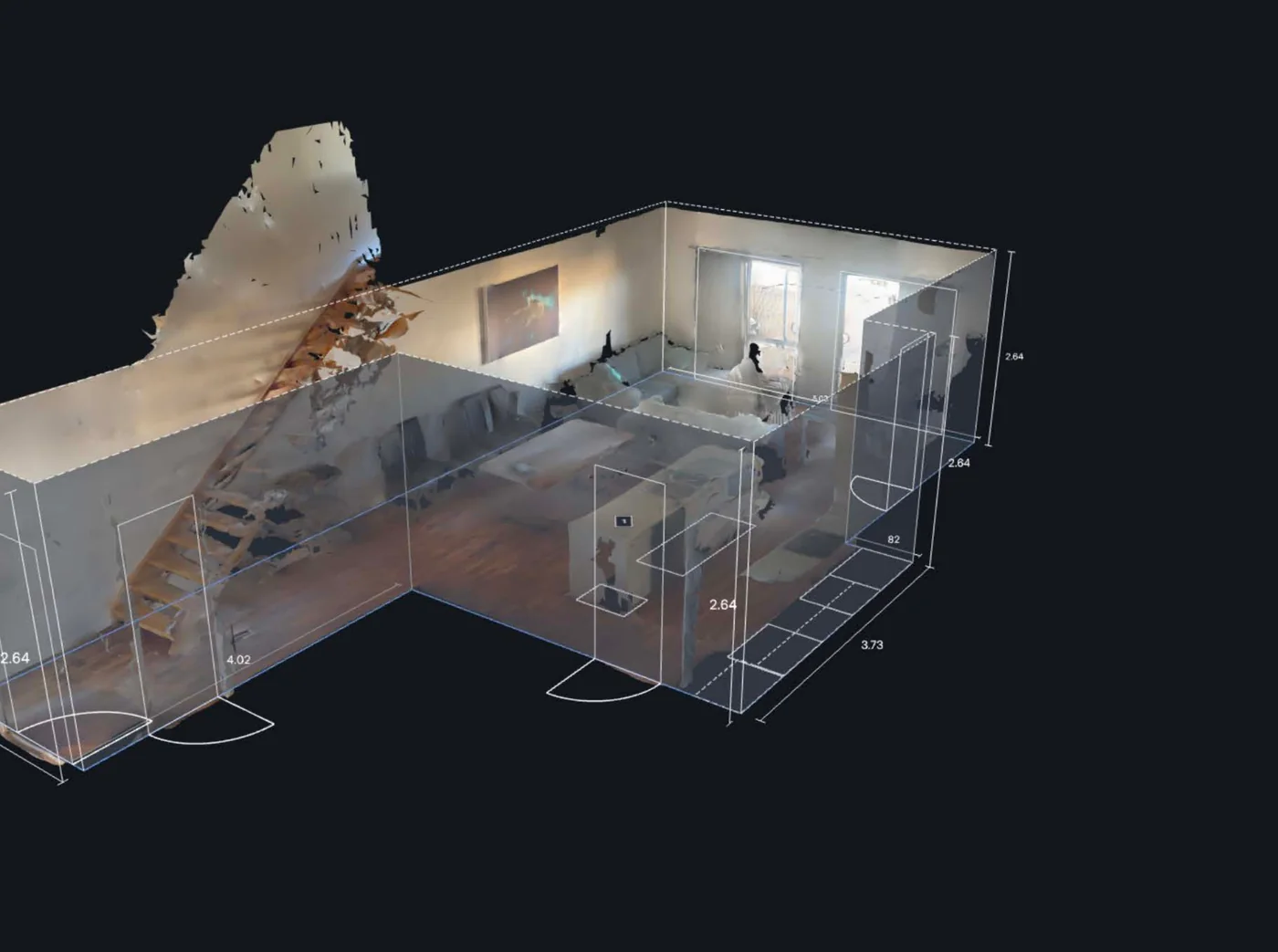 3D dollhouse property scan showing room layout with measurements